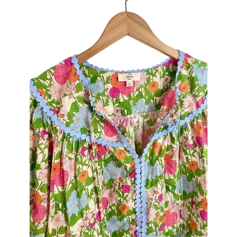 Entro Floral Pom Pom Trim Babydoll Blouse Top Womens 2X Multi Color Boho Split V - Picture 4 of 4